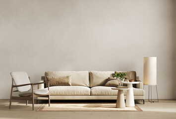 Beige contemporary minimalist interior with sofa, armchair, blank wall, coffee table and decor. 3d render illustration mockup © Liliia