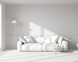 White room interior mock up with sunlight shadows and white sofa with coffee table and floor lamp, empty wall mock up, 3d rendering