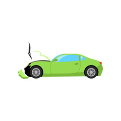 Broken front car after road accident cartoon illustration. Auto, automobile with broken motor and engine in need of repair. Damage, vehicle, fire concept