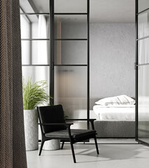 White gray bedroom interior with glass door, black armchair and plants. 3d rendering  mock up.
