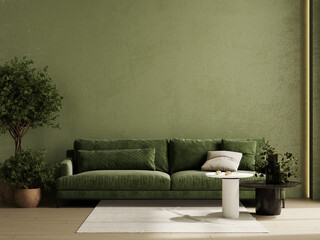 Home interior mock-up with green sofa, table, plant and decor in living room, 3d rendering