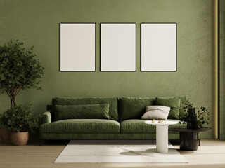 mock up poster frames in green modern interior background, living room, Scandinavian style, 3D render, 3D illustration