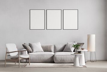 mock up poster frames in gray modern interior background, living room, Scandinavian style, 3D render, 3D illustration