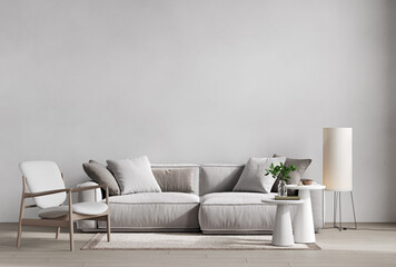 Contemporary gray white interior with furniture and decor. 3d render illustration mockup. - obrazy, fototapety, plakaty