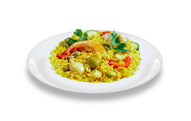 paella, typical Spanish dish made with rice, fish and vegetables