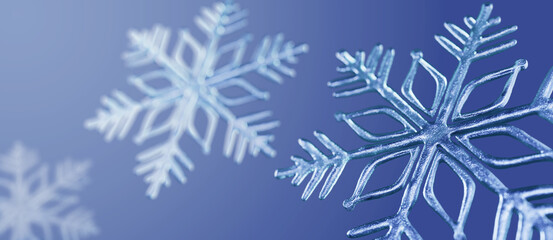 Winter new year has frozen. Seasonal Wallpaper with Beautiful Frosty Snowflake. Christmas Banner with copy-space. Macro Snowflake and Fallen Defocused Snowflakes. 3d rendering