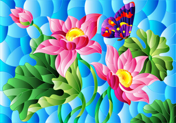Illustration in stained glass style with flowers, buds and leaves of a pink Lotus and a butterfly on a blue sky background