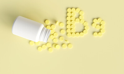 Vitamin C, D, E, A. tablets background with copy space, can be used as medical mockup, template. 3D Rendering