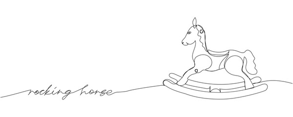 Children toy rocking horse one line art with an inscription. Continuous line drawing of childhood, relax, rest, play, have fun, happy childhood, ride, kindergarten.
