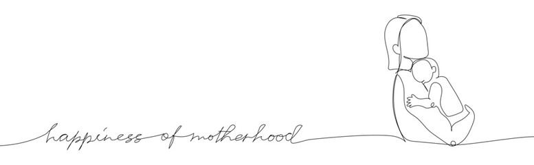 Mom rocking the baby in her arms one line art with an inscription happiness of motherhood. Continuous line drawing of newborn, motherhood, family, love, child, care, pleasant worries, children sleep.