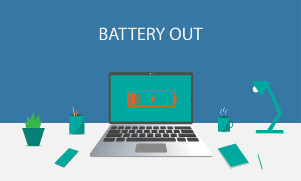 Laptop Computer With Low Battery Display Screen Vector Flat Design Illustration