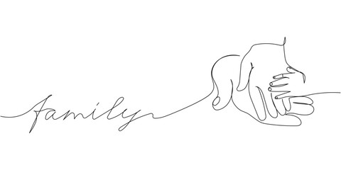 Father, mother and child hands, family unity one line art with an inscription family. Continuous line drawing of motherhood, love, child, mother day, handshake, tenderness.