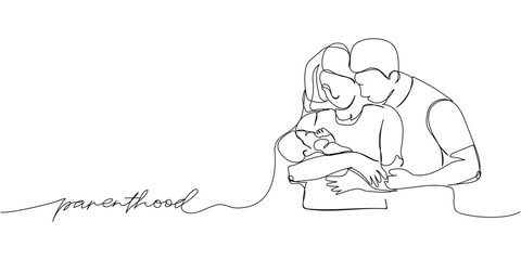 Happy family, husband, wife and child one line art with an inscription parenthood. Continuous line drawing of newborn, motherhood, family, love, mutual understandin, married couple.