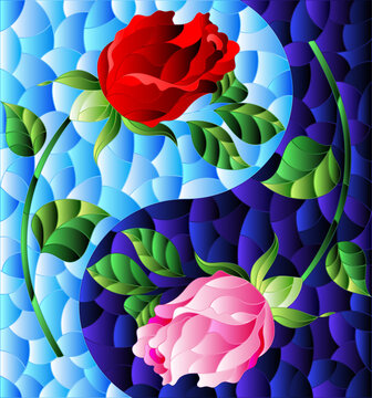 Illustration in stained glass style with rose flowers in the form of a Yin Yang sign on a blue background, rectangular image