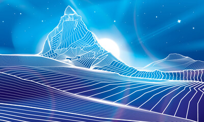 Matterhorn mountain. Neon glow illumination image. Snow peaks. Night landscape. White outlines illustration. Vector design art  - 552092444