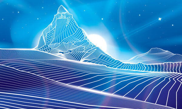 Matterhorn mountain. Neon glow illumination image. Snow peaks. Night landscape. White outlines illustration. Vector design art 