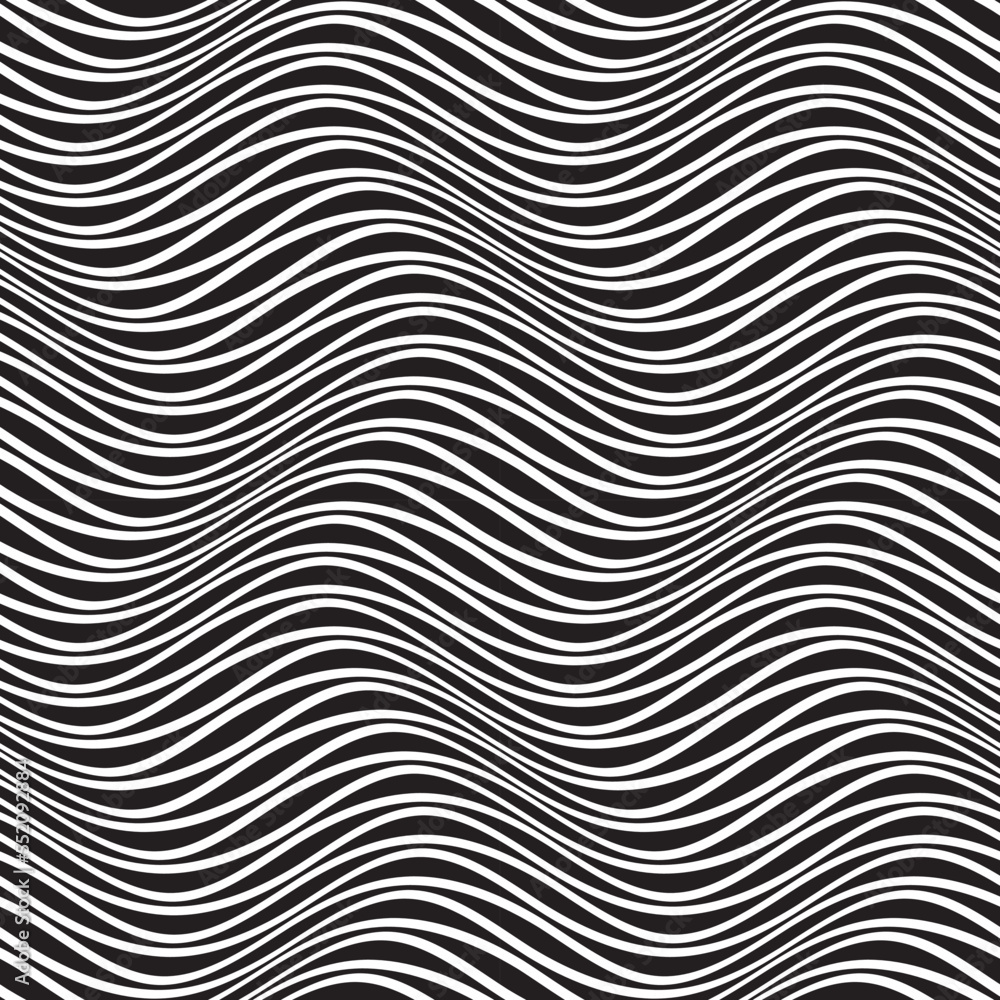 Poster seamless pattern of black distorted stripes. optical art repeatable texture of warped lines.