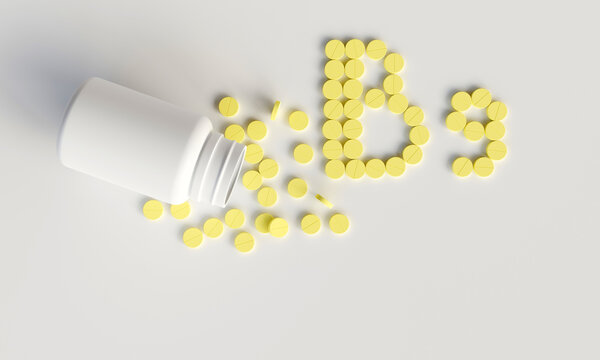 Vitamin C, D, E, A. tablets background with copy space, can be used as medical mockup, template. 3D Rendering