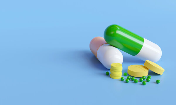 Vitamin C, D, E, A. tablets background with copy space, can be used as medical mockup, template. 3D Rendering