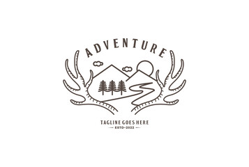 Antler Deer Moose Horn with Mountain Pine Forest Fir Creek River for Outdoor Adventure Logo Design