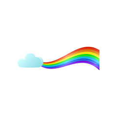 Cute horizontal rainbow curve from cloud sticker. Vector illustration of childish colorful arc. Cartoon curved rainbow with cloud in sky isolated on white background. Weather, fairytale concept