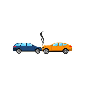Two broken cars after road traffic accident cartoon illustration. Auto, automobile after crush or collision in need of repair. Damage, vehicle, fire concept