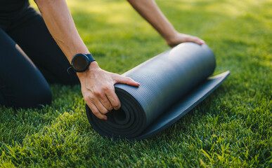 Woman's hands rolling blak yoga ma prepare to exercise in park. Healthy lifestyle, sport. People...