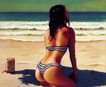 Beautiful sexy girl tans on beach. Hot woman. Almost naked. Beautiful buts.