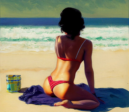 Beautiful sexy girl tans on beach. Hot woman. Almost naked. Beautiful buts.