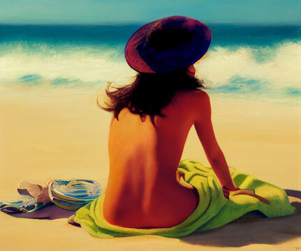 Beautiful sexy girl tans on beach. Hot woman.