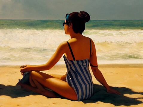 Beautiful sexy girl tans on beach. Hot woman.