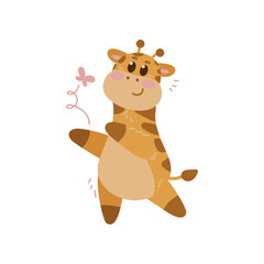 Adorable giraffe cartoon character dancing vector illustration. Watercolor drawing with cute baby animal dancing on white background. Wildlife concept for birthday card design