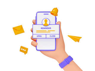 Reminder 3D render - mobile phone in hand with notification page and floating elements on purple. Notice message with bell icon, letter and speech bubble. Alert or deadline concept with buttons.