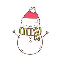 Cute snowman in a a santa hat and scarf isolated on white background. Vector hand-drawn illustration in doodle style. Kawaii character. Perfect for cards, decorations, logo and Christmas designs.