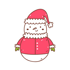 Cute snowman in a Christmas costume isolated on white background. Vector hand-drawn illustration in doodle style. Kawaii character. Perfect for cards, decorations, logo and holiday designs.