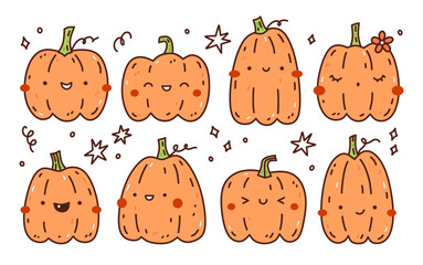 Set of cute and funny orange pumpkins isolated on white background. Vector hand-drawn illustration in doodle style. Kawaii characters. Perfect for cards, decorations, logo and Halloween designs.