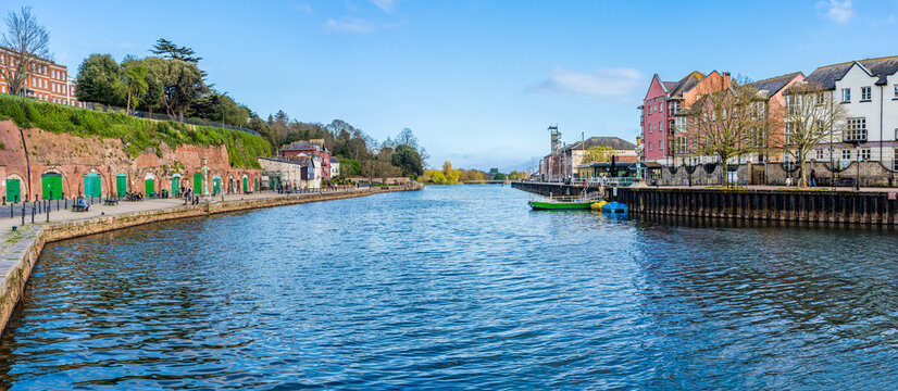 Exeter, Devon, England, UK - April 2022: Quayside landscape on river Exe waterfront