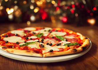 Pizza on a table Christmas Background