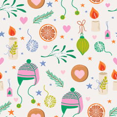Seamless pattern with Winter and Christmas symbols. Beautiful holiday background. Vector illustration for wrapping paper, textile, scrapbooking. 