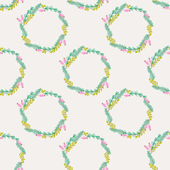 Christmas seamless pattern with Winter plant wreath. Simple geometric botanical ornament. Vector illustration for winter holidays decor and presents.