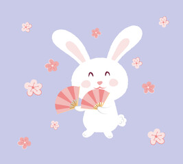 Cute furry bunny dancing with asia style fan. Background with plum cherry flower around. paint rough flat style illustration vector.