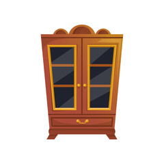 Brown cabinet and cupboard in classic style cartoon vector illustration. Wooden wardrobe, old fashioned furniture, vintage stuff isolated on white background. Interior concept