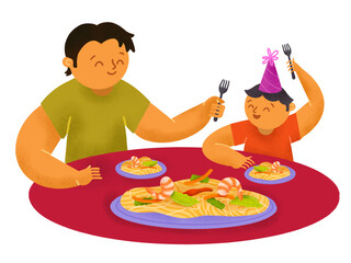 Filipino father and son eating pansit bihon noodles together during a birthday