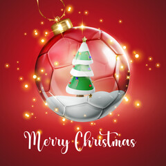 Marry Christmas card with transparent glossy soccer football glass ball with Christmas tree decoration - 3d rendering