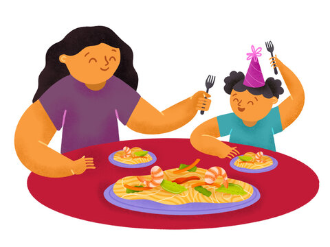 Filipino mother and daughter eating pansit bihon noodles together during a birthday