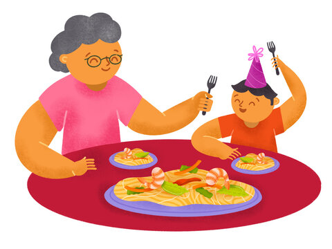 Filipino grandmother and grandson eating pansit bihon noodles together during a birthday