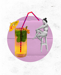 Contemporary art collage. Young sad girl in lingerie sitting and looking at huge cocktail glass of over light abstract background. Party, fun, nightclub, drinks and cocktails