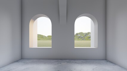 Architecture interior background room with arched windows 3d render