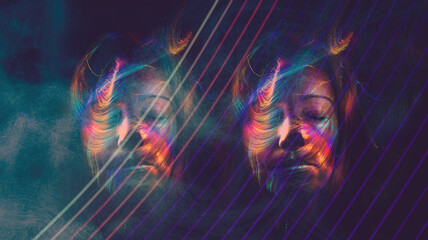 Face of a woman with colored lights superimposed on blue lines.