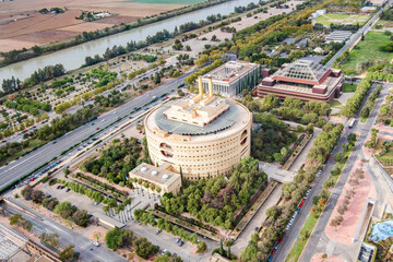Aerial view of Government of Andalusia building - Torre Triana, Seville, Spain